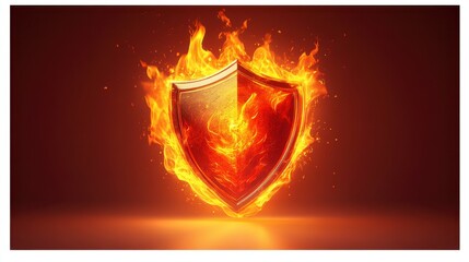 Fiery shield engulfed in flames, symbolizes protection and resilience.