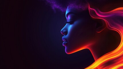 A vibrant profile of a woman with colorful light trails, showcasing beauty and creativity.