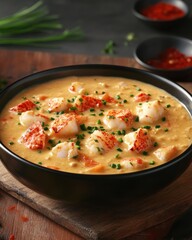 A delicious bowl of creamy lobster bisque topped with fresh chives and lobster pieces.