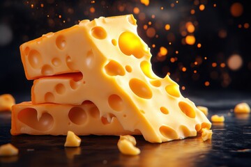 Three stacked blocks of vibrant cheese with holes, surrounded by scattered cheese crumbs and glimmers of light.