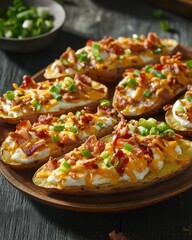 Delicious loaded baked potatoes topped with cheese, bacon, and green onions in a rustic setting.