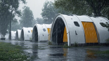 Obraz premium Flooded campsite, rain-soaked shelters, woodland setting.