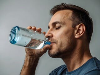 a man is drinking bottled water