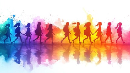 Colorful silhouettes of people walking hand in hand, set against a vibrant splash background.