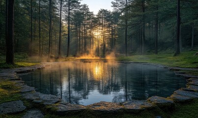 Sunrise mist over tranquil forest pool.