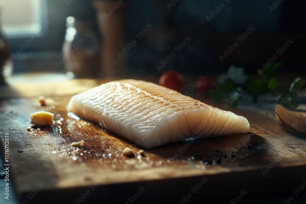 Poster Fresh fish fillet on a wooden cutting board, glistening under soft kitchen light.