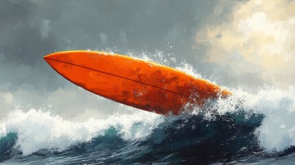 Orange surfboard leaping from a powerful ocean wave under a dramatic sky.