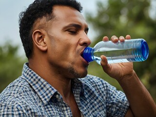 a man is drinking bottled water