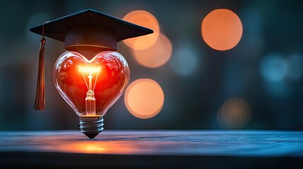 Graduation cap, heart icon, and glowing bulb on a minimalist table setting for education themes