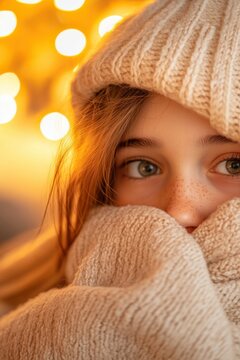 Cozy young person with swollen cheeks experiencing discomfort in a warm living room during a winter evening