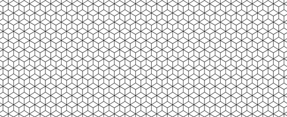 Isometric cube grid seamless pattern with editable line strokes. Cubic hexagon texture forming a rhombus mesh geometric squared design on a white background.
