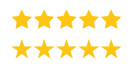 Five stars customer product review icon set, featuring yellow 5-star rating flat icons for apps and websites. Represents quality, customer rating, and feedback in transparent PNG and vector format.