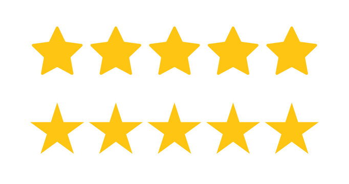 Five stars customer product review icon set, featuring yellow 5-star rating flat icons for apps and websites. Represents quality, customer rating, and feedback in transparent PNG and vector format.