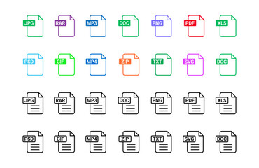 File format icon collection with various document types including PDF, JPG, DOC, XLS, MP4, RAR, ZIP, MP3, and more, designed as a stock vector set.
