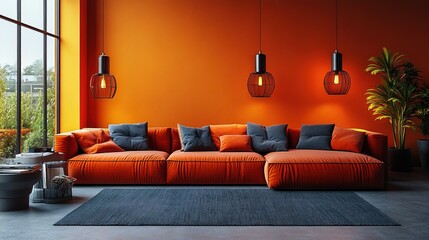 A modern living room featuring an orange couch, pendant lights, and a plant.