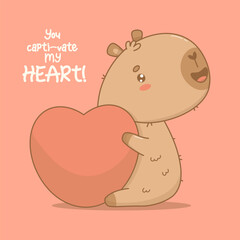 Cute enamored Capybara with big heart. Calm happy cartoon kawaii character on pink background. Vector illustration. Holiday Valentine cool card with slogan congratulation