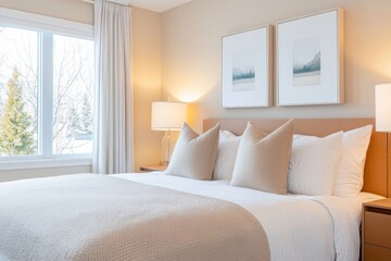Fototapeta premium Cosy apartment luxurious furniture, bedding textured throws calmness and elegance, interior features grey tones, a stylish lamp, minimalist furniture for a serene and comfortable contemporary.