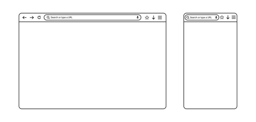 Blank web browser and internet page window in modern flat and line art style, mockup for computer and smartphone. Vector illustration.