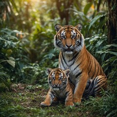 A tiger cub playing with its mother in a colorful jungle clearing.