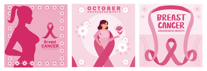 Breast cancer awareness month banner with woman and pink ribbon.