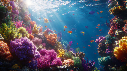 Naklejka premium Vibrant coral reef underwater scene with colorful marine life clear water and sunlight filtering through 
