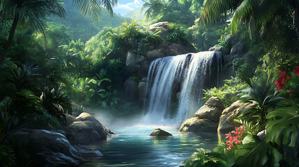 Waterfall cascading over rugged rocks into a serene pool surrounded by dense jungle and vibrant greenery 