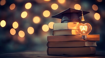 Stack of books with a graduation cap, glowing bulb, and heart icon placed artistically