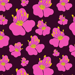 Pink flowers vector seamless pattern, floral, dark background, vector flat style