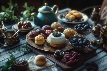 A beautifully arranged traditional dessert table featuring various pastries, fruits, and a blue tea pot.