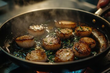 Perfectly seared scallops cooking in a sizzling pan with herbs, showcasing a delectable gourmet dish.