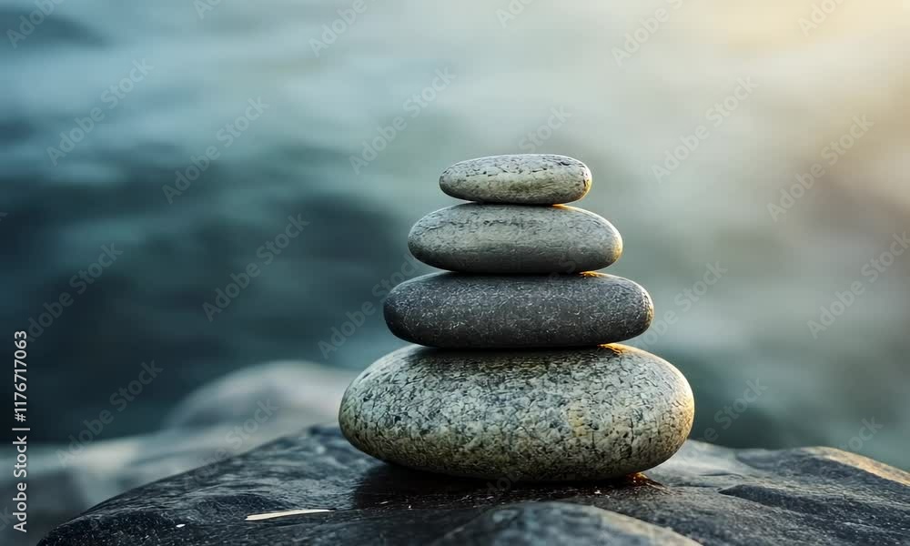 Aufkleber balanced stack of smooth pebbles on misty background