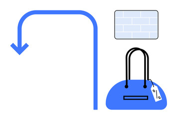 Blue purse with tags, black handles, large downward arrow, and brick wall rectangle background. Ideal for fashion, shopping, sales, minimalism design marketing and retail. Line metaphor