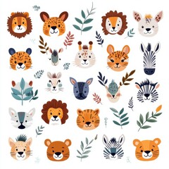 Cute animal faces jungle illustration playful environment colorful viewpoint adorable concept for kids art