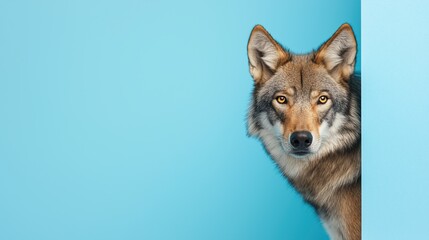 Fototapeta premium Happy Wolf Peeking Behind a Blue Wall