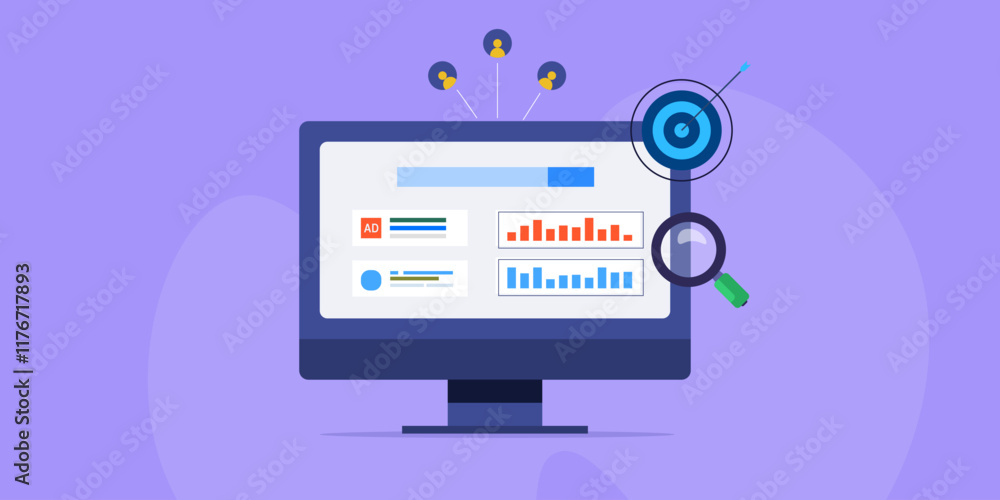 Poster organic seo optimization and pay per click or ppc marketing analytics, web traffic and keyword targe