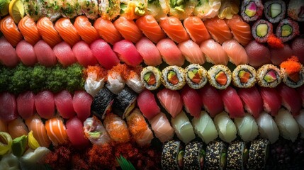 Delicious salmon sushi roll. Delicious fresh sushi roll. Japanese food. Colorful sushi and sashimi. Fresh sushi rolls. Sushi rolls with salmon, avocado, and cucumber