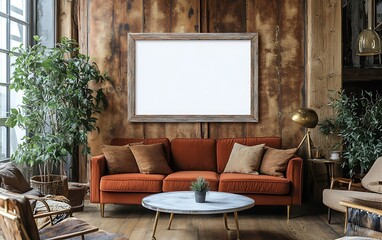 Blank frame mockup in rustic living room with plants.