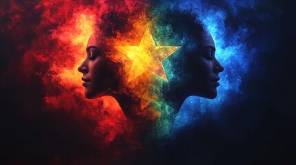 A vibrant depiction of two profiles surrounded by colorful smoke, featuring a central star.