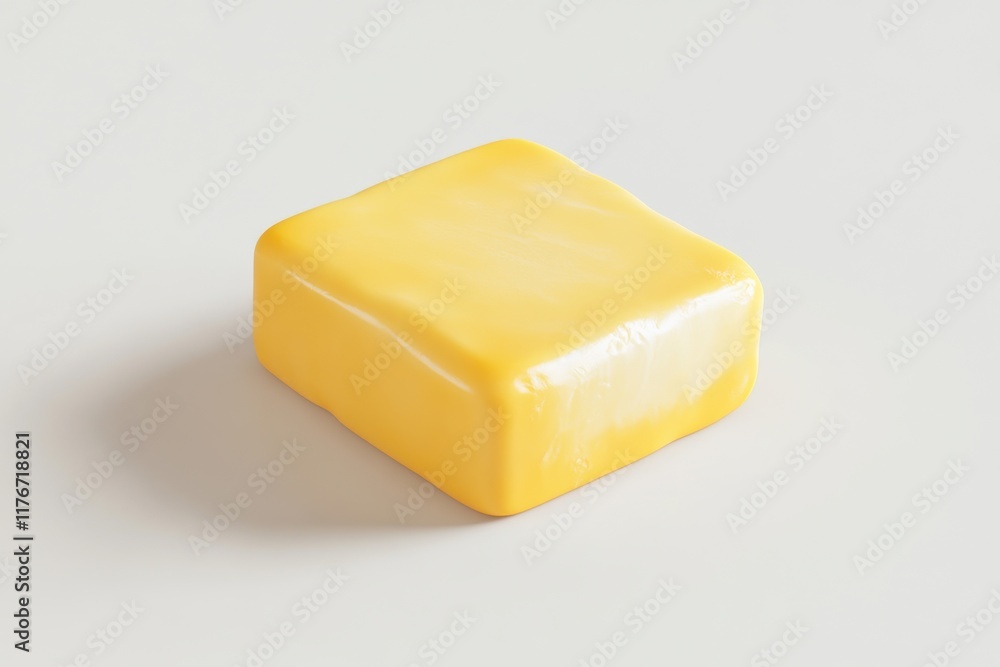Aufkleber close-up of a shiny, yellow block of butter on a light surface.