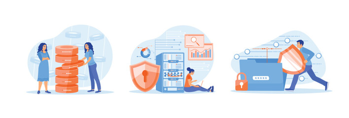 Woman analyzes data on computer, saves and protects files on server.