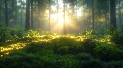 Fototapeta premium Sunlit Forest Moss: A Serene Dawn in the Woods