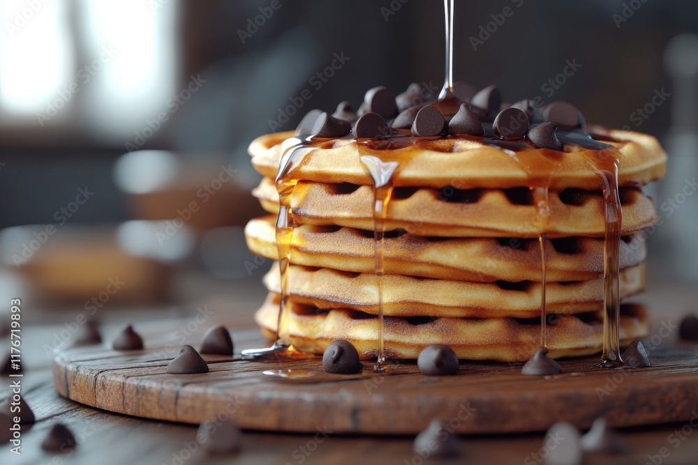 Poster delicious stack of fluffy waffles topped with chocolate chips and syrup, creating a tempting breakfa