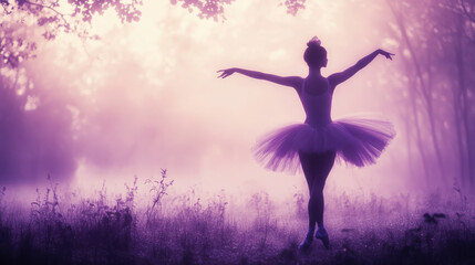 A silhouette of a ballerina with a poised and elongated stance, her costume glowing in radiant pastel tones like soft lilac and pink, surrounded by misty