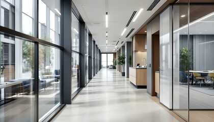 A modern and contemporary office corridor features a spacious interior with a blue sofa, large window, and adjacent meeting room space, generated with ai