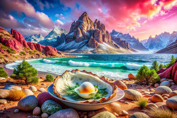 surreal coastal landscape with giant egg in shell
