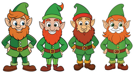 Cute leprechaun holding clover leaf. Cartoon lucky elf dwarf bearded small man. Vector illustration isolated on white background