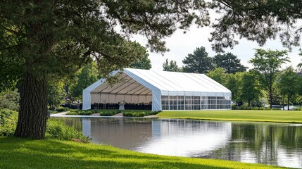 Large white tent near pond, lush green landscape.