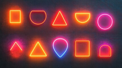 A vibrant display of neon geometric shapes against a dark background.