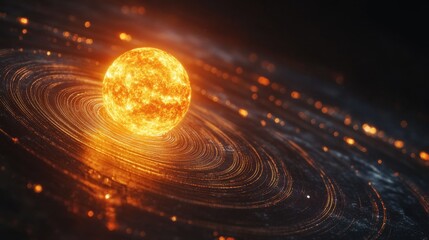 A vibrant sun surrounded by swirling cosmic elements, radiating warmth and glowing energy in a vast universe.