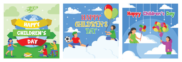 Celebrating International Children's Day with children playing with balls, balloons and windmills.